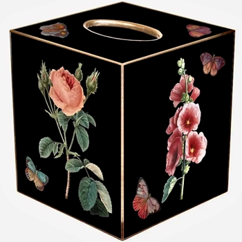 Tissue Box Cover 5in Cube - Decoupage Mache Hollyhock Garden Black