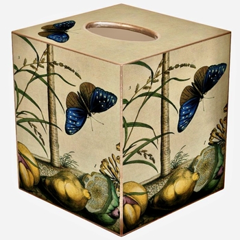 Tissue Box Cover 5in Cube - Decoupage Mache Vintage Blue Butterflies