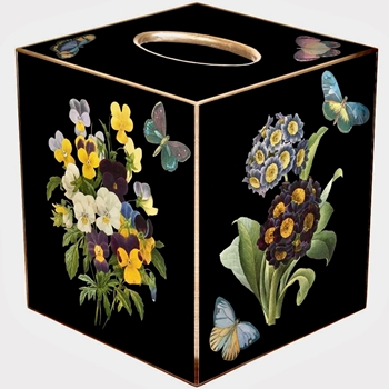 Tissue Box Cover 5in Cube - Decoupage Mache Primrose & Pansies Black