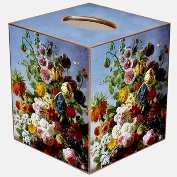 Tissue Box Cover 5in Cube - Decoupage Mache Brussels Bouquet on Blue Sky