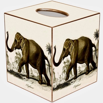 Tissue Box Cover 5in Cube - Decoupage Mache Vintage Plate Elephant