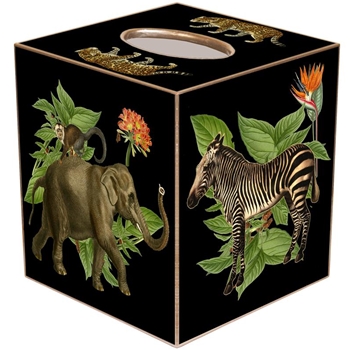 Tissue Box Cover 5in Cube - Decoupage Mache African Safari Giraffe, Lion, Zebra, Elephant Black