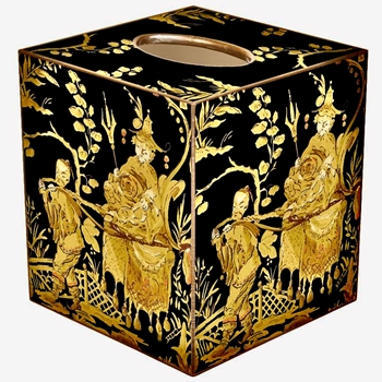 Tissue Box Cover 5in Cube - Decoupage Mache Black & Gold Chinese Imperial