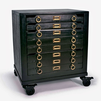 Chest - Printmaker Black & Gold 4 Drawer 24x18x28H Castor Feet Mango wood solids Brass Pulls