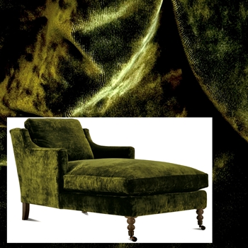 Robin Bruce Madeline Chaise - Moss Green Velvet 60W/34D/36H -  100% Polyester Velvet 100K DR,  Black Nickel Nails, Pewter Castors, Antique Black Leg finish.