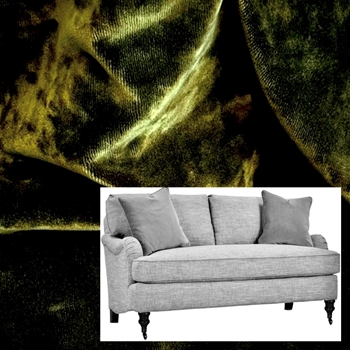 Robin Bruce - Brooke Sofa Moss 78W/37D/35H Bench Seat. 100% Polyester Velvet GR CC, 100K DR, Antique Black turned Legs, Antique Brass Castors.