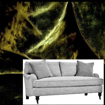 Robin Bruce - Brooke Sofa Moss 86W/37D/35H Bench Seat. 100% Polyester Velvet GR CC, 100K DR, Antique Black turned Legs, Antique Brass Castors.