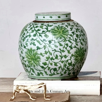 Jar - Ginger Lidded Green Toile 10x10IN