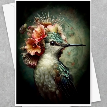 Greeting Card - Hummingbird with Flowers Hat