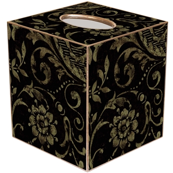 Tissue Box 5in Cube - Decoupage Mache Black & Gold Damask 5.5in