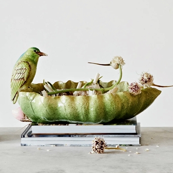 Bowl - Green Leaf With Bird 15x10in Ceramic
