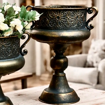 Urn Planter - Dark Bronze Ornate Footed 10x15in