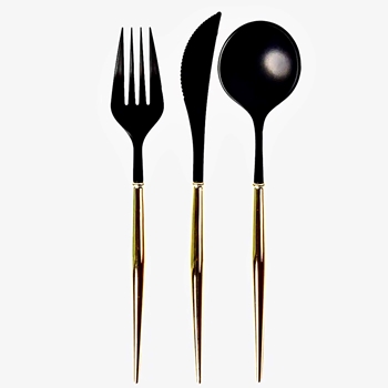 Cutlery - Bella  Black & Gold Plastic 24PC 8 Place Settings