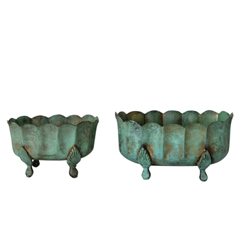 Planter Verde Metal  Footed Set of 2 LG 13x10x7H,  SM 10x8x6H