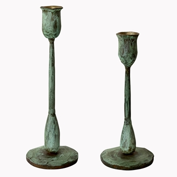 Candle Holder - Forged  Verdigris  for Tapers Set2  3x10 &  3x8in